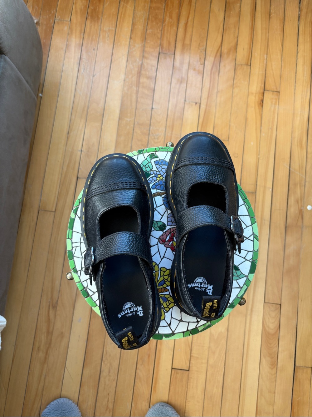 DR. MARTENS Black Platform Mary Jane Shoes with Yellow Stitching - Picture 3 of 5